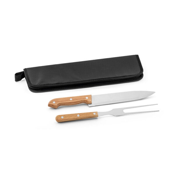 Kit churrasco em estojo em 210D com 2 utensílios em aço inox e madeira seringueira - Brinde Corporativo Personalizado | Enova