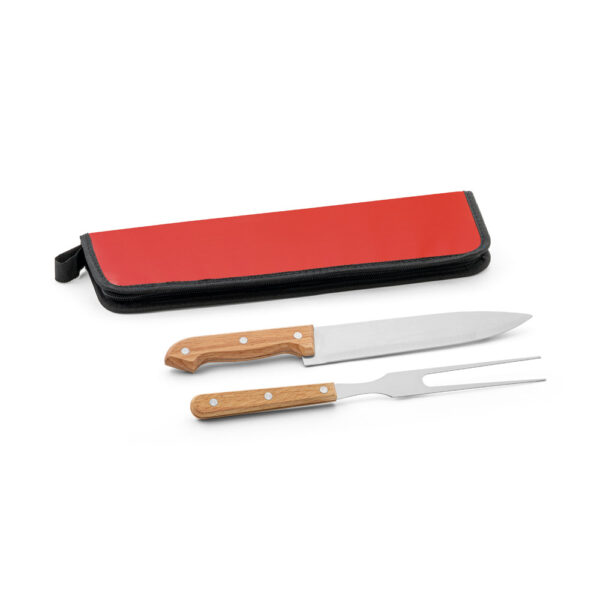 Kit churrasco em estojo em 210D com 2 utensílios em aço inox e madeira seringueira - Brinde Corporativo Personalizado | Enova