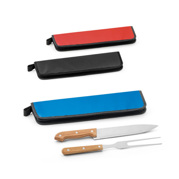 Kit churrasco em estojo em 210D com 2 utensílios em aço inox e madeira seringueira - Enova Brindes Personalizados