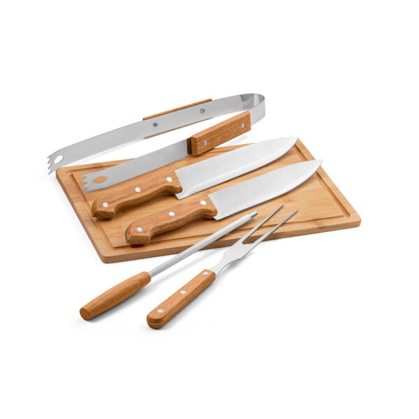 Kit churrasco em estojo de 210D e tábua em bambu com 5 utensílios em aço inox e madeira de Seringueira - Brinde Corporativo Personalizado | Enova