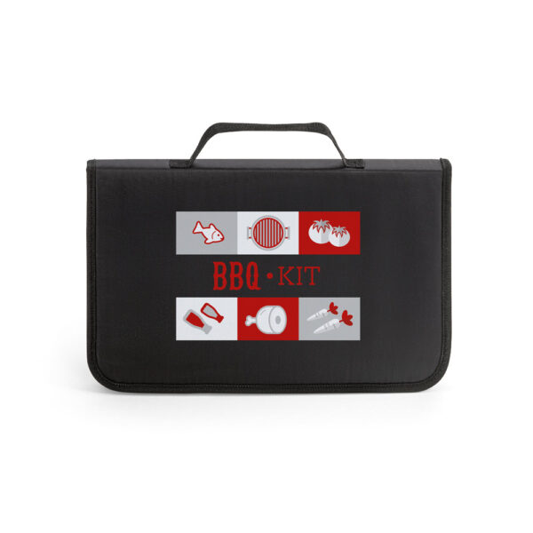 Kit churrasco em estojo de 210D e tábua em bambu com 5 utensílios em aço inox e madeira de Seringueira - Brinde Corporativo Personalizado | Enova