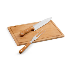 Kit churrasco em caixa kraft com tábua em bambu e 2 utensílios em aço inox e bambu - Brinde Corporativo Personalizado | Enova