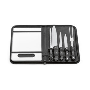 Kit churrasco em estojo de nylon 210D com tábua em PP e 5 utensílios em aço inox e PP - Brinde Corporativo Personalizado | Enova