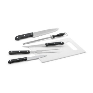 Kit churrasco em estojo de nylon 210D com tábua em PP e 5 utensílios em aço inox e PP - Brinde Corporativo Personalizado | Enova