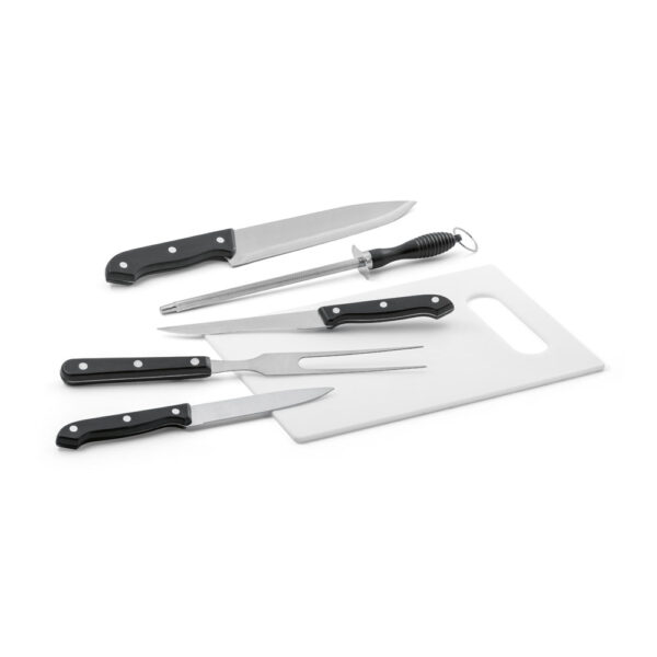 Kit churrasco em estojo de nylon 210D com tábua em PP e 5 utensílios em aço inox e PP - Brinde Corporativo Personalizado | Enova