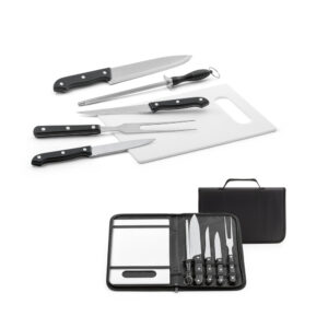 Kit churrasco em estojo de nylon 210D com tábua em PP e 5 utensílios em aço inox e PP - Enova Brindes Personalizados