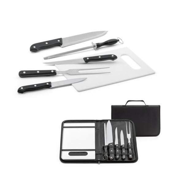 Kit churrasco em estojo de nylon 210D com tábua em PP e 5 utensílios em aço inox e PP - Enova Brindes Personalizados