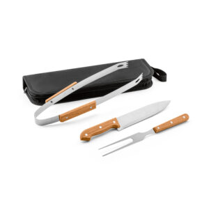 Kit churrasco em estojo de 210D com 3 utensílios em aço inox e madeira de seringueira - Brinde Corporativo Personalizado | Enova
