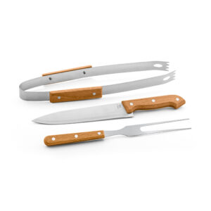 Kit churrasco em estojo de 210D com 3 utensílios em aço inox e madeira de seringueira - Brinde Corporativo Personalizado | Enova