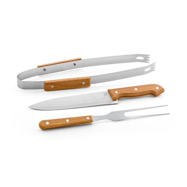 Kit churrasco em estojo de 210D com 3 utensílios em aço inox e madeira de seringueira - Brinde Corporativo Personalizado | Enova