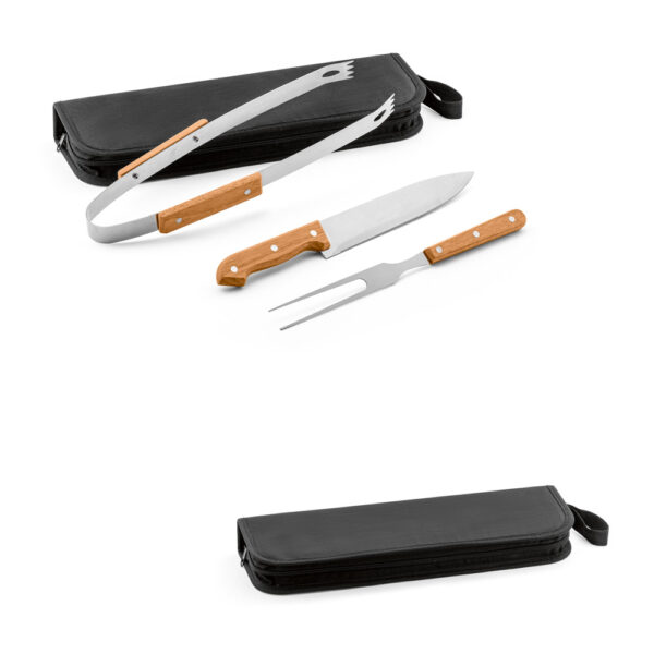 Kit churrasco em estojo de 210D com 3 utensílios em aço inox e madeira de seringueira - Enova Brindes Personalizados