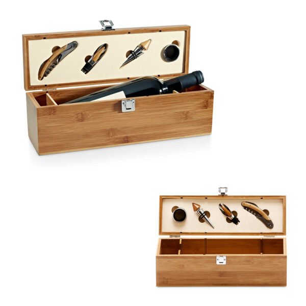 Conjunto para vinho em bambu e zinco - Enova Brindes Personalizados