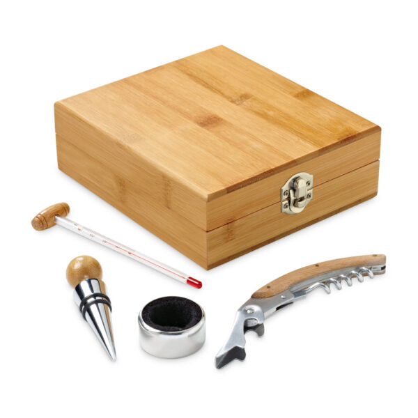 Conjunto para vinho em bambu e zinco - Enova Brindes Personalizados