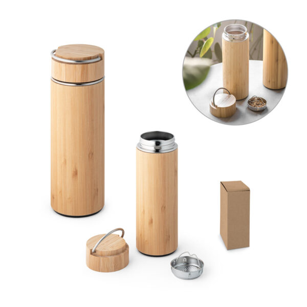 Squeeze térmica em bambu e aço inoxidável 440 mL - Enova Brindes Personalizados