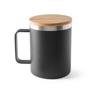 Copo em aço inox (90% reciclado) com tampa em bambu 420 mL - Brinde Corporativo Personalizado | Enova