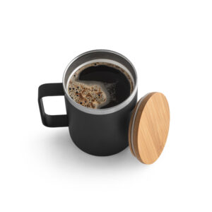 Copo em aço inox (90% reciclado) com tampa em bambu 420 mL - Brinde Corporativo Personalizado | Enova