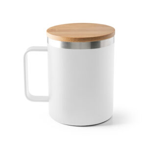 Copo em aço inox (90% reciclado) com tampa em bambu 420 mL - Brinde Corporativo Personalizado | Enova
