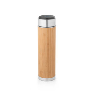 Squeeze térmico em aço inox reciclado e bambu com termómetro digital 430 mL - Brinde Corporativo Personalizado | Enova