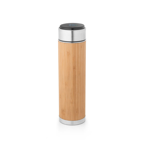 Squeeze térmico em aço inox reciclado e bambu com termómetro digital 430 mL - Brinde Corporativo Personalizado | Enova