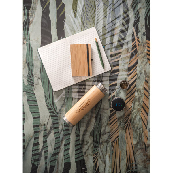 Squeeze térmico em aço inox reciclado e bambu com termómetro digital 430 mL - Brinde Corporativo Personalizado | Enova