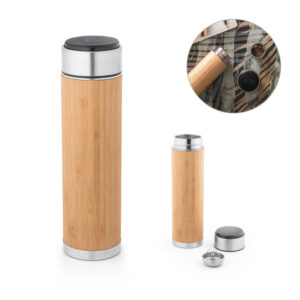 Squeeze térmico em aço inox reciclado e bambu com termómetro digital 430 mL - Enova Brindes Personalizados