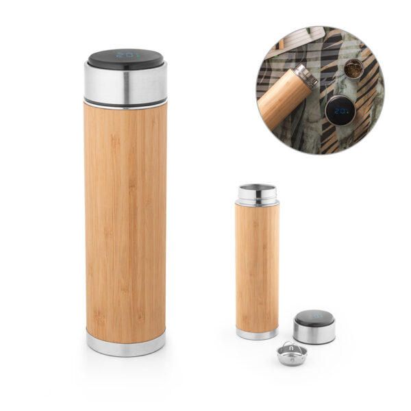 Squeeze térmico em aço inox reciclado e bambu com termómetro digital 430 mL - Enova Brindes Personalizados