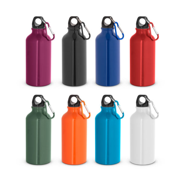 Garrafa esportiva em alumínio e acabamento brilhante com mosquetão 400 mL - Enova Brindes Personalizados