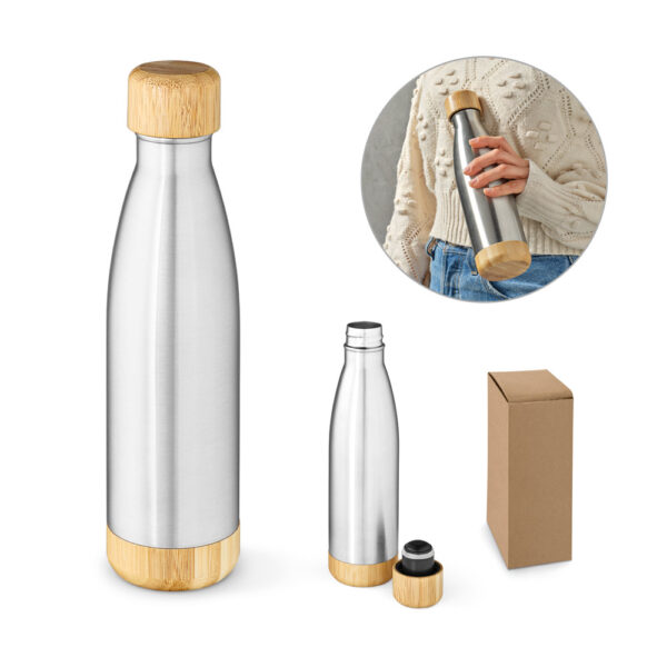 Garrafa em aço inox (90% reciclado) com tampa em bambu 550 mL - Enova Brindes Personalizados