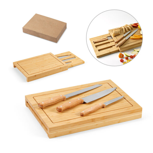 Conjunto de tábuas em bambu com 3 facas inclusas - Enova Brindes Personalizados