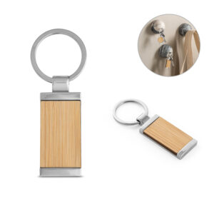 Chaveiro retangular em bambu com revestimento em metal - Enova Brindes Personalizados