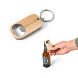 Abridor de garrafas em aço inox e bambu - Enova Brindes Personalizados