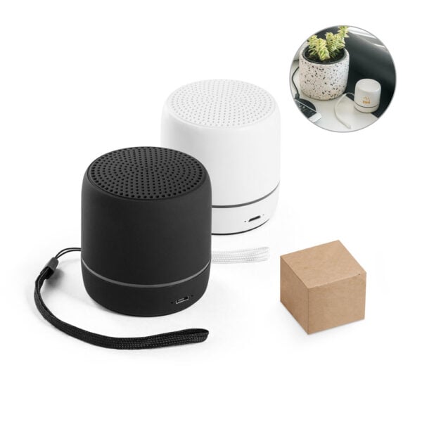 Caixa de som portátil em ABS 100% reciclado com faixa LED exterio - Enova Brindes Personalizados