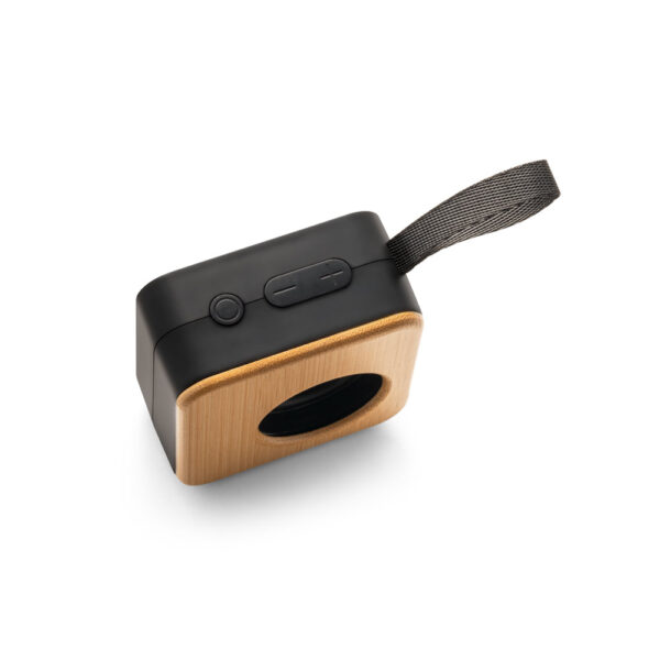Caixa de som portátil em bambu e ABS 100% reciclado - Brinde Corporativo Personalizado | Enova