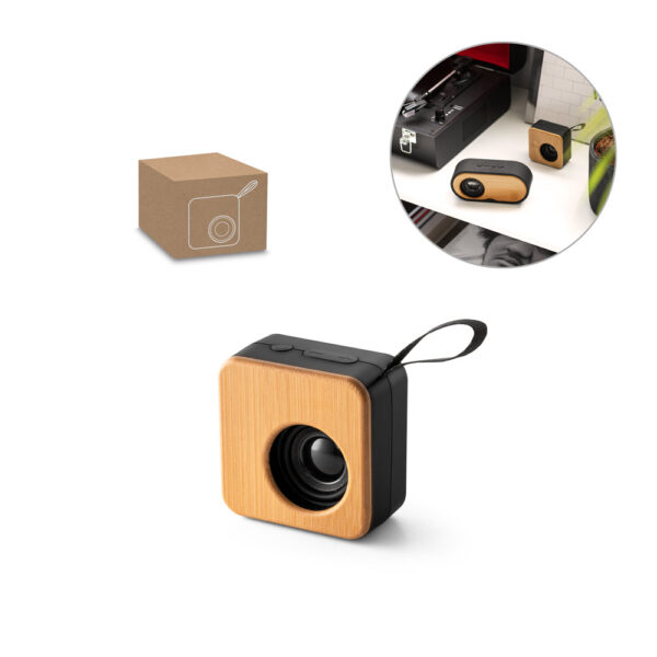 Caixa de som portátil em bambu e ABS 100% reciclado - Enova Brindes Personalizados
