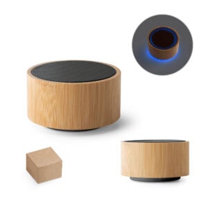 Caixa de som portátil em bambu e ABS - Enova Brindes Personalizados
