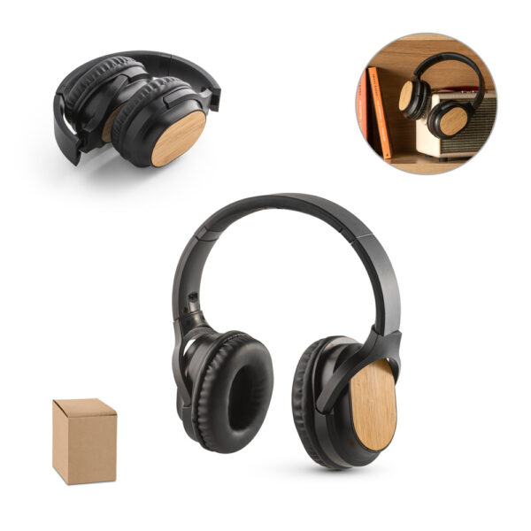Fones de ouvido wireless em bambu e ABS - Enova Brindes Personalizados