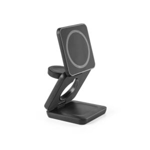 Carregador magnético wireless super rápido dobrável em ABS 100% reciclado que permite carregar três dispositivos simultaneamente - Brinde Corporativo Personalizado | Enova