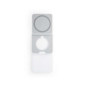 Carregador magnético wireless super rápido dobrável em ABS 100% reciclado que permite carregar três dispositivos simultaneamente - Brinde Corporativo Personalizado | Enova