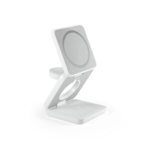 Carregador magnético wireless super rápido dobrável em ABS 100% reciclado que permite carregar três dispositivos simultaneamente - Brinde Corporativo Personalizado | Enova