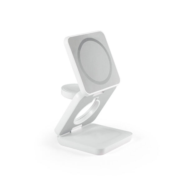 Carregador magnético wireless super rápido dobrável em ABS 100% reciclado que permite carregar três dispositivos simultaneamente - Brinde Corporativo Personalizado | Enova