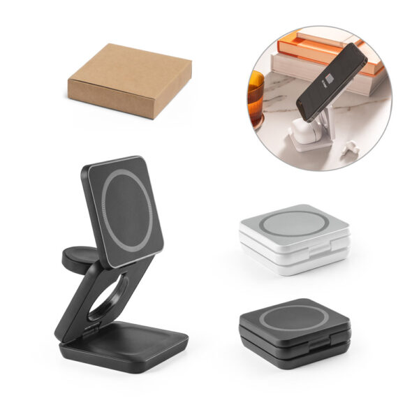 Carregador magnético wireless super rápido dobrável em ABS 100% reciclado que permite carregar três dispositivos simultaneamente - Enova Brindes Personalizados