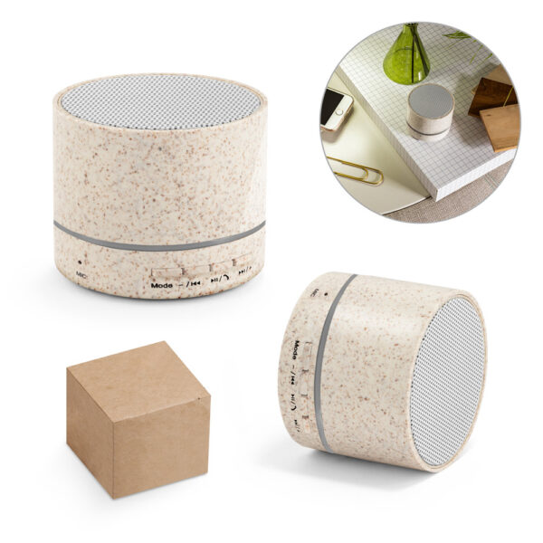 Caixa de som portátil com microfone, em fibra de palha de trigo e ABS 100% reciclado - Enova Brindes Personalizados