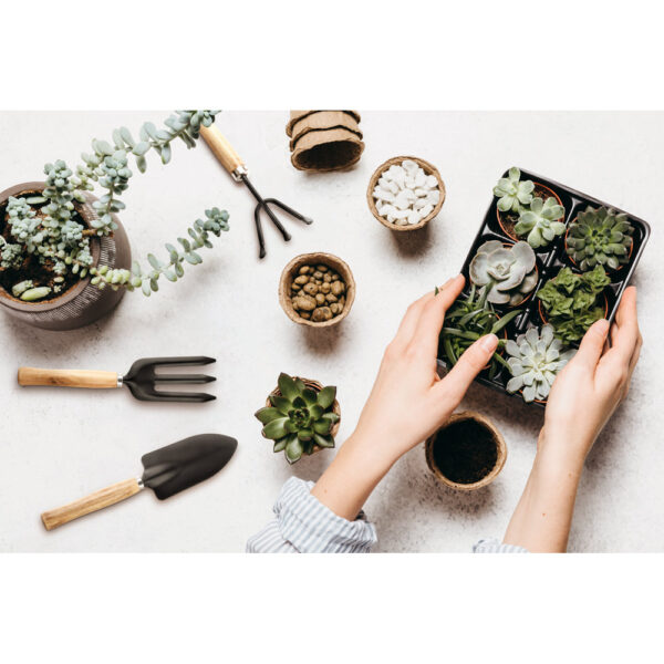 Conjunto de jardinagem com 3 ferramentas em metal e madeira de eucalipto - Brinde Corporativo Personalizado | Enova