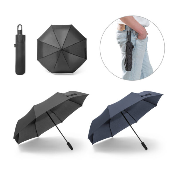 Guarda-chuva dobrável de 23” em 100% poliéster reciclado pongee 190T (100% rPET) com abertura e fecho automático - Enova Brindes Personalizados