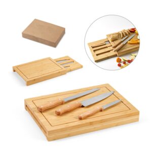 Conjunto de tábuas em bambu com 3 facas inclusas - Enova Brindes Personalizados