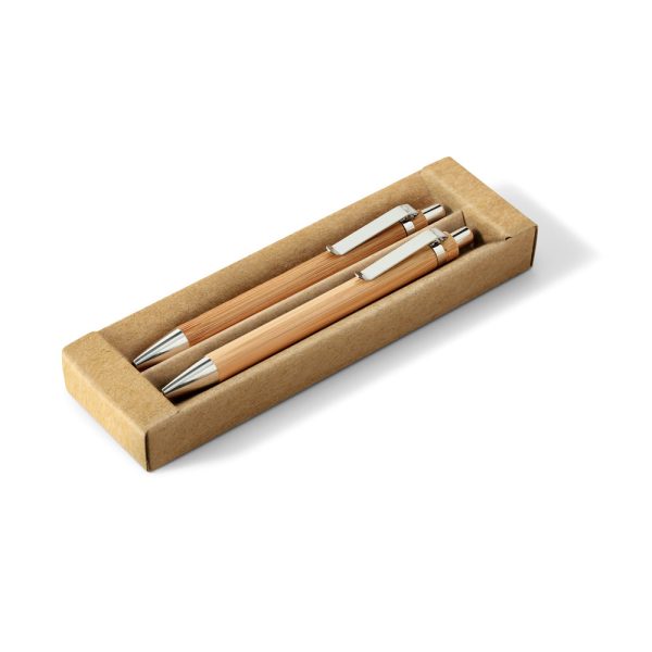 Conjunto de esferográfica com escrita em azul e lapiseira, ambas em bambu - Brinde Corporativo Personalizado | Enova