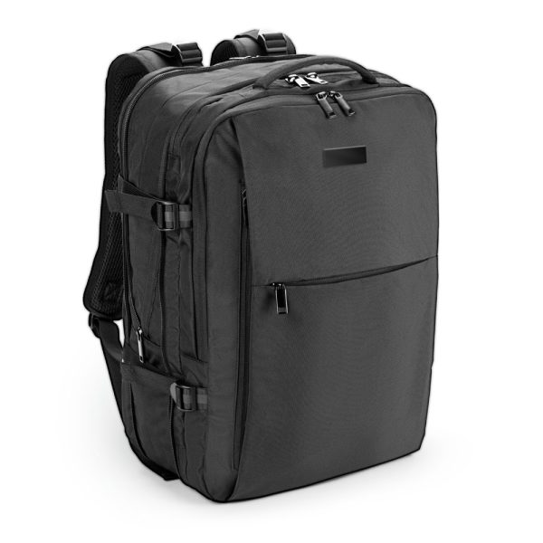Mochila de viagem em poliéster reciclado 600D de alta densidade, com bolso para notebook 17.3" e placa para gravação 29 L - Brinde Corporativo Personalizado | Enova
