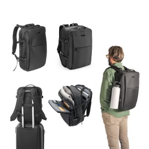 Mochila de viagem em poliéster reciclado 600D de alta densidade, com bolso para notebook 17.3″ e placa para gravação 29 L - Enova Brindes Personalizados
