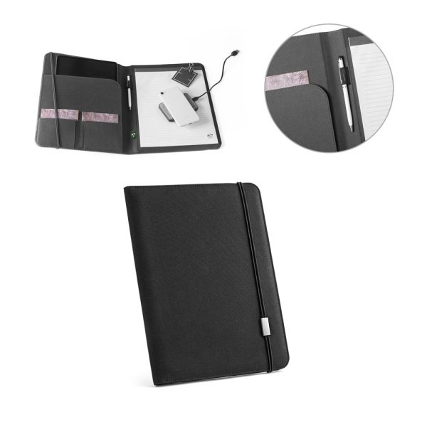 Pasta A4 em poliéster 100% reciclado 300D com caderno com 40 páginas pautadas - Enova Brindes Personalizados