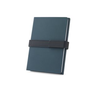 Caderno A5 com capa dura em 80% materiais reciclados (PU reciclado e poliéster reciclado) estruturado em duas partes: a primeira tem 128 páginas pautadas e a segunda 128 páginas lisas - Brinde Corporativo Personalizado | Enova